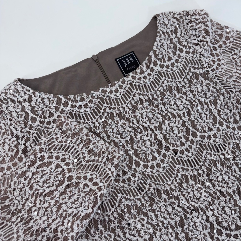 JH Evenings Womens Taupe Sequin Lace Sheath Dress Size 6 3/4‎ Sleeve Formal